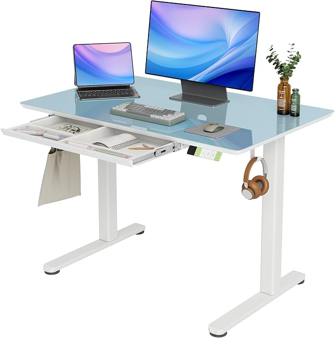 INNOVAR Glass Standing Desk with Drawers, Adjustable Height Electric Stand Up Desk, Small Standing Desks with Storage, 40 inch, Morandi Blue