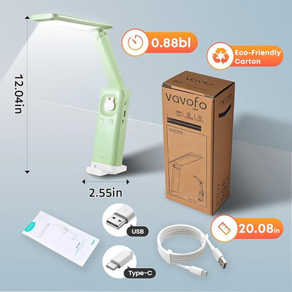 VAVOFO Cute Bunny Desk Lamp, Foldable LED Rechargeable Eye-Caring Reading Light, 3 Color Modes Dimmable Night Light for Kids Girls Bedroom Study Dorm Room (Mint Green)