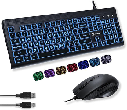 X9 Performance Wired Keyboard and Mouse Combo - Large Print Backlit Keys for Seniors, Lighted Computer Keyboard Wired, 7 LED Colors, 4 DPI Modes, USB Plug and Play for Windows PC