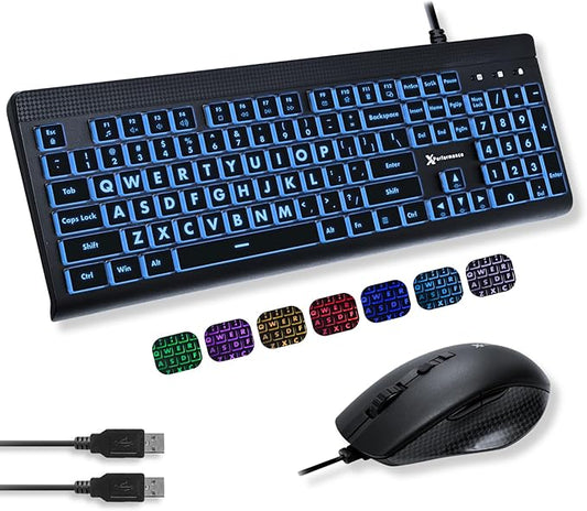 X9 Performance Wired Keyboard and Mouse Combo - Large Print Backlit Keys for Seniors, Lighted Computer Keyboard Wired, 7 LED Colors, 4 DPI Modes, USB Plug and Play for Windows PC