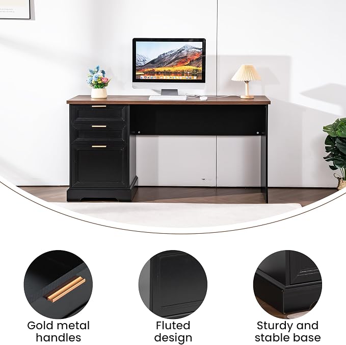 60" Professional Office Desk with 40" Mobile File Cabinet,Business Desk with Charging Station,L Shaped Executive Desk Set for Office Work,Home Study