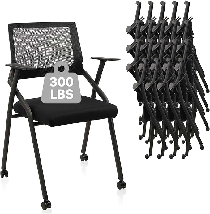 CLATINA Stackable Foldable Conference Room Chairs with Wheels, Portable Padded Office Desk Chair with Lumbar Support and Armrest for Training Room, Guest, Reception, Event, Black (20pk)