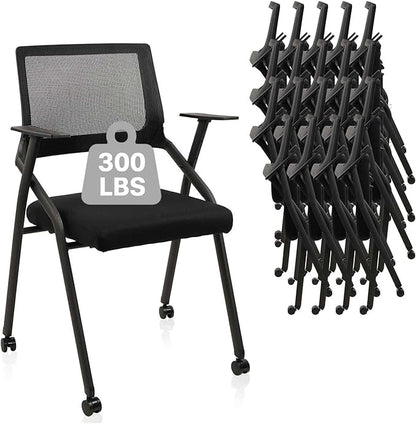 CLATINA Stackable Foldable Conference Room Chairs with Wheels, Portable Padded Office Desk Chair with Lumbar Support and Armrest for Training Room, Guest, Reception, Event, Black (20pk)