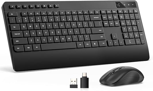 Quiet Wireless Keyboard and Mouse Combo – 3-Level DPI Silent Mouse, Full-Size Ergonomic Wrist Rest, 2.4GHz Plug-and-Play, Multimedia Hotkeys for Windows Computer/Laptop, Black