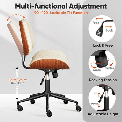 Home Office Desk Chair with Swivel Wheels, Mid-Century Modern PU Leather Armless Office Chair, Small Mid Back Computer Chair for Home Office, Meeting Room