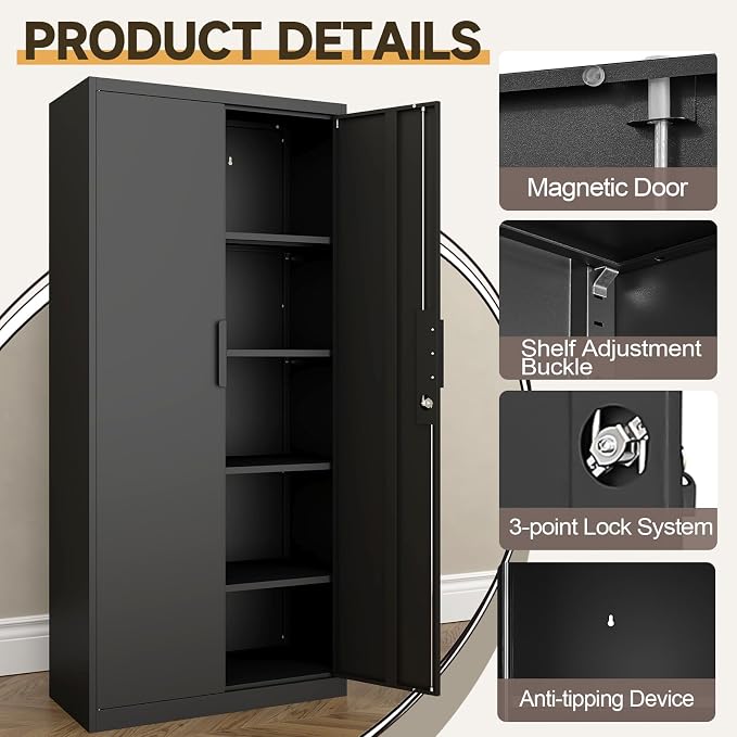 GREATMEET Metal Garage Storage Cabinet, Black Lockable Storage Cabinets with Doors and Shelves,Utility Cabinet for Shop Home Office Garage