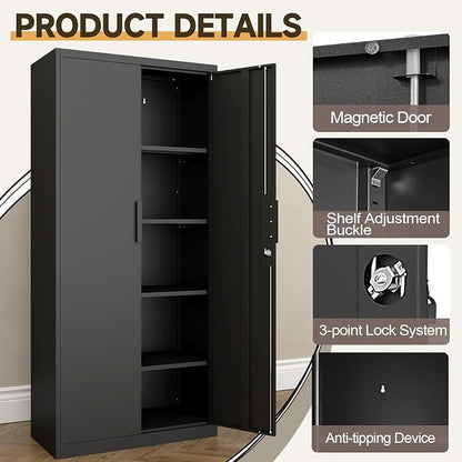GREATMEET Metal Garage Storage Cabinet, Black Lockable Storage Cabinets with Doors and Shelves,Utility Cabinet for Shop Home Office Garage