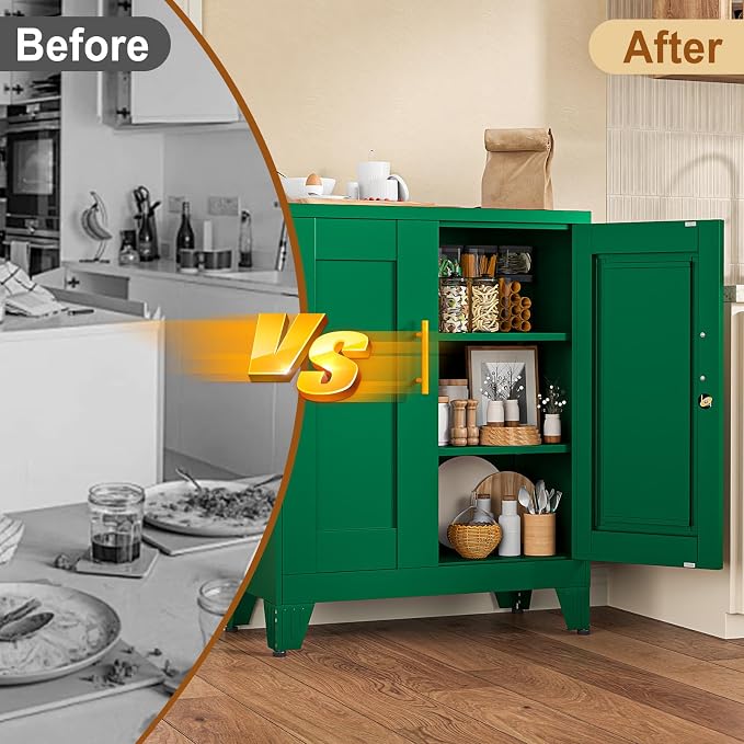 36" Metal Storage Cabinet with Lock,Steel Locker Organizer, Office File Cabinet with 2 Doors and 2 Adjustable Shelves,Outdoor Tool Garage Cabinets for Home Office,Gym,School,Warehouse(Green)