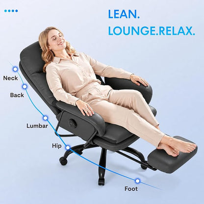 FLEXISPOT Cooling Ergonomic Office Chair with Footrest Indoor Lounge Computer Chair with 90-165° 4-Level Reclining, Chairs for Working Relaxing Sleeping, Tech Cooling Leather with 0.4 Q-Max, Black