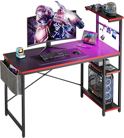 Bestier Gaming Desk with LED Lights, 44 Inch PC Gamer Desk for Small Spaces, Computer Desk with Reversible Storage Shelves & Side Storage Bag (Black 3D Carbon Fiber)