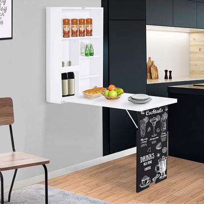 Foldable Wall Mounted Desk with Storage Shelves, Fold Out Convertible Computer Table with Blackboard, Folding Writing Table Workstation for Small Spaces,Home Office (White-a)