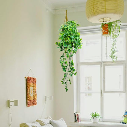 LOYWREE 2 Pack Artificial Hanging Mandala Plant with Pot Faux Plants Indoor Fake Small Potted Plant 28.7-in Long Faux Vine Shelf Decor Ideal for Indoor Outdoor Home Office Decoration (Black Pot)