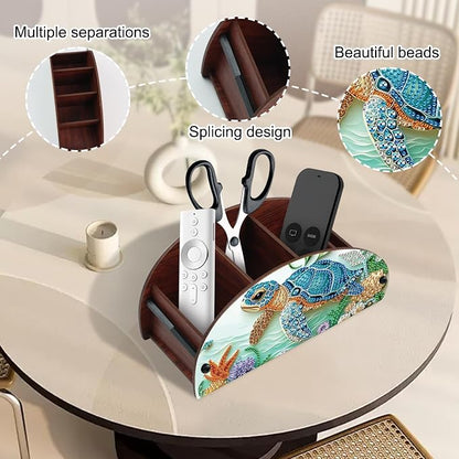 DIY Diamond Painting Storage Box, Sea Turtle Design 5D Rhinestone Diamond Art Case Multi-Compartment Wooden Tabletop Organizer for TV AC Remotes Makeup Brushes Pens Desktop Craft Storage