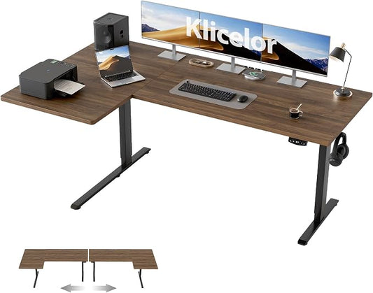 Klicelor L Shaped Standing Desk, 63 Inch Electric Height Adjustable Desk with Memory Preset, Reversible Sit Stand Up Computer Workstation for Home Office, Splice Board, Dark Walnut