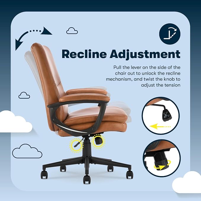 Serta Comfort Modern Executive Office Chair, Ergonomic Mid-Back Computer DeskChair, Semi Plush Cushion Seat, Double-Layer SertaQuality Foam, Padded Armrests, Metal Swivel Base, Bonded Leather, Cognac