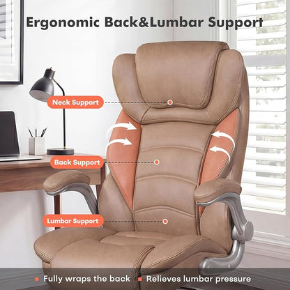 GYI Big and Tall 400lb Office Chair, Leather Executive Desk Chair, Brown | 24"Wide Seat, High Back, Space-Saving Flip-up Arms, Lumbar Support, Heavy Duty Base, Home, Conference Room
