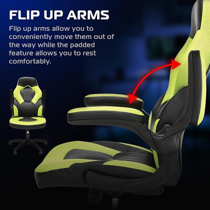 RESPAWN 3085 Ergonomic Gaming Chair for Adults, High Back Office Chair with Headrest and Flip Up Arms, Leather Racing Style Gaming Seat with Lumbar Support, Video Game Computer Desk Seat - Green