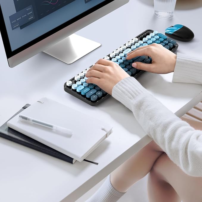 MOFII Wireless Keyboard and Mouse Combo, Full Size 2.4G Plug and Play Typewriter Retro Round Computer Keyboard and Mouse Set for Windows, Computer, Desktop, PC, Notebook - (Black Blue Gradient)