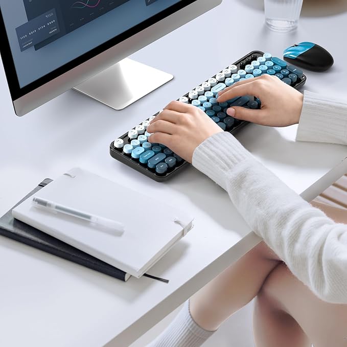 Wireless Keyboard and Mouse Combo, 2.4GHz Gradient Colorful Full-Size Retro Typewriter Keyboard with Wireless Mouse for PC/Desktop/Laptop/Windows (Black Blue)