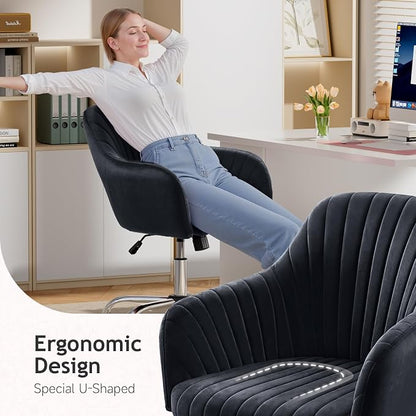 Warmiehomy Velvet Desk Chair for Home Office, Modern Adjustable Swivel Task Chair, Women Vanity Chairs with Arm Rest for Bedroom Dressing Room, Classic Black