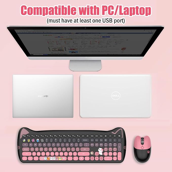 Cute Cat 2.4G USB Wireless Keyboard and Mouse Combo, Silent Keys, Candy Colors, Compatible with Notebook, PC (BlackPink-110Keys)