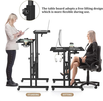 Enayplon Small Standing Desk with Wheels, Mobile Stand Up Desk, Portable Standing Table on Wheels for Walking Pad, Rolling Computer Desk Adjustable Height, Tall Table