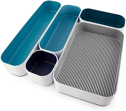 Three by Three Seattle 5 Piece Metal Organizer Tray Set for Storing Makeup, Stationery, Utensils, and More in Office Desk, Kitchen and Bathroom Drawers (2 Inch, Assorted Blue and Stripes)