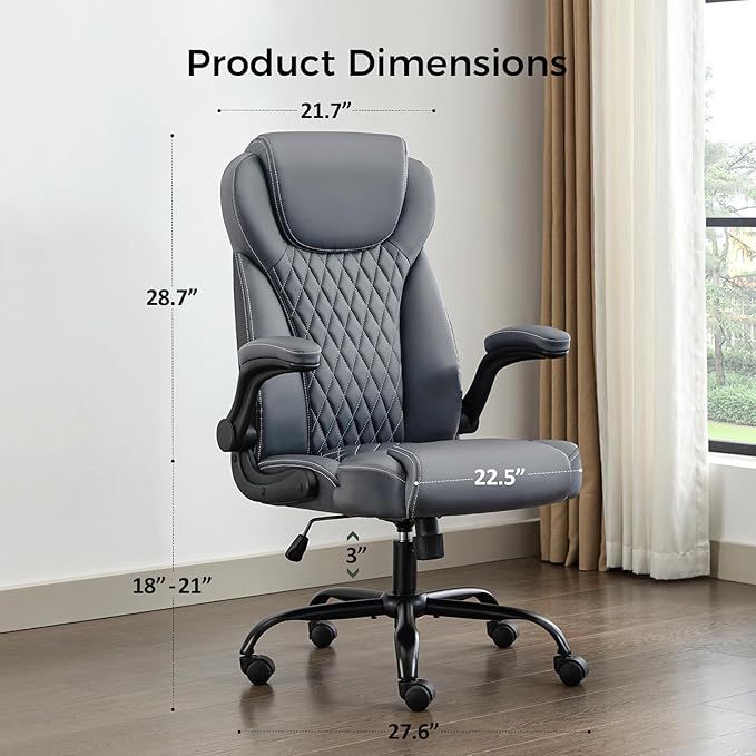 amseatec Office Chair with Flip-Up Arms, Ergonomic PU Leather Executive Desk Chair with 90°Lock & Rocking Function, Lumbar Support Swivel Computer Chair for Home Office, Oversized 300lbs (Gray