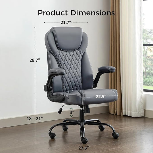 amseatec Office Chair with Flip-Up Arms, Ergonomic PU Leather Executive Desk Chair with 90°Lock & Rocking Function, Lumbar Support Swivel Computer Chair for Home Office, Oversized 300lbs (Gray