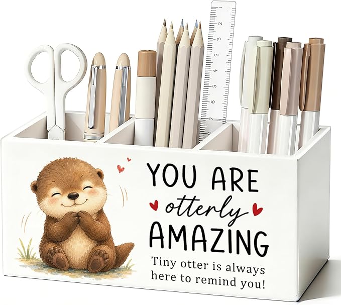 Positive Otter Pen Pencil Holder Desk Accessories Gifts for Women | Cute Otter Inspirational Pen Pencil Wooden Organizer Office Accessories Decorations for Dorm Room Bedroom Tabletop Desk Decor