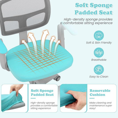 Giantex Kids Desk Chair, Ergonomic Adjustable Student Rolling Chair with Footrest & Flip-up Armrest, Mesh Children Office Chair with Universal Wheels, Kids Computer Chair for Boys & Girls, Turquoise