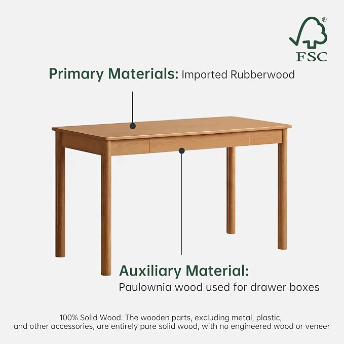 Solid Wood Computer Desk, Mid-Century Modern Home Office Desk with Storage Drawers, Writing Table for Study & Living Room 47.24" W Natural Wood