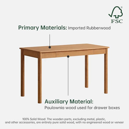 Solid Wood Computer Desk, Mid-Century Modern Home Office Desk with Storage Drawers, Writing Table for Study & Living Room 35.43" W Natural Wood