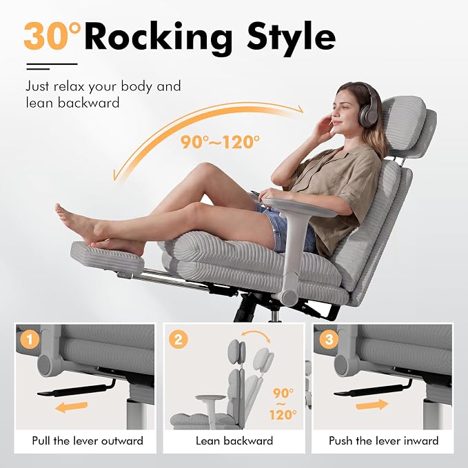 GXJ Criss Cross Legged Office Chair with Flip-up Arms, Footrest, G800 Plus | 6.3" Cushion Relieves Tailbone Pain, Head-Lumbar Support Eases Fatigue, Smooth Rolling Wheels, Corduroy Desk Seating, Grey