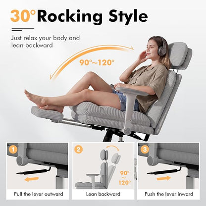 GXJ Criss Cross Legged Office Chair with Flip-up Arms, Footrest, G800 Plus | 6.3" Cushion Relieves Tailbone Pain, Head-Lumbar Support Eases Fatigue, Smooth Rolling Wheels, Corduroy Desk Seating, Grey