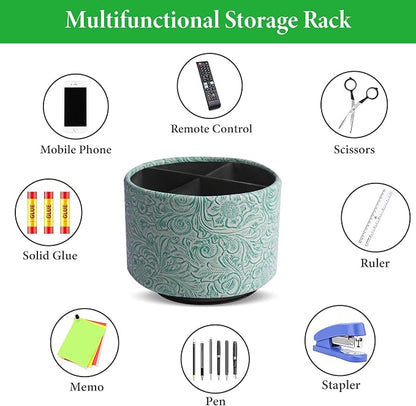 lizimandu Round Leather Art Supply Organizer,Remote Control Holder,360 Degree Spinning,Multi-Functional Pencil Holder,4 Compartments Desktop Stationary Organizer(1-Carved Stone Green)