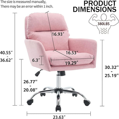YITAI Adjustable Home Office Desk Chair with Comfy Square Mid-Back, Faux Leather 360 Swivel Upholstered Task Armchair with Wheels for Vanity Bedroom/Living Room,Pink