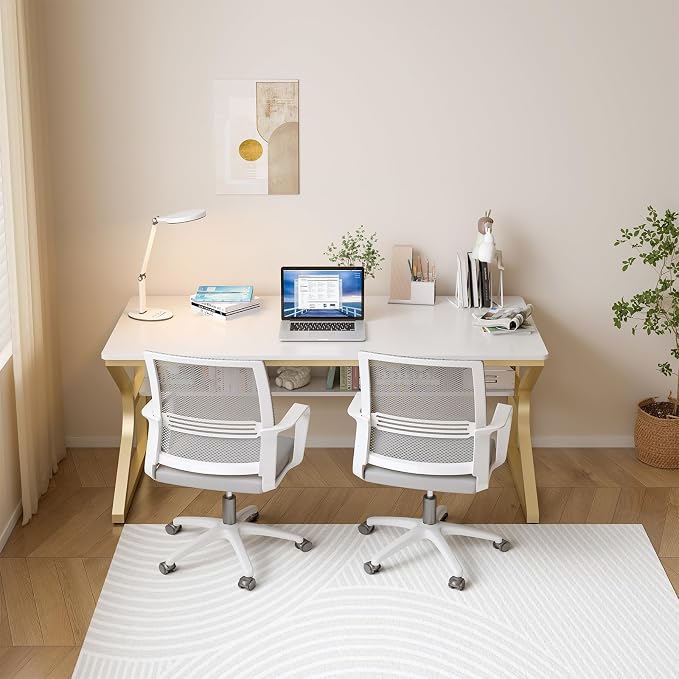 OSCHF Double Long Desk with Bookshelf - 55" Extra Long Writing Table for 2-Person Workstation, Modern Study Work Computer Desk for Home and Office, Gold