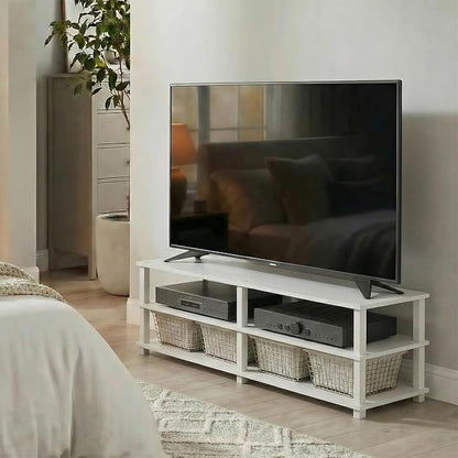 Furinno Turn-S-Tube Toolless Assembly 3-Tier TV Stand, Entertainment Center for TV up to 55 Inch, Wide Printer Stand with Storage Shelf, for Living Room, Bedroom, White