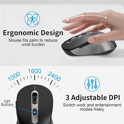 Silent Keyboard and Mouse, Wireless Compact Full-Size Computer Keyboard with Calculator Button, 2400 DPI Mouse, Quiet Clicking, Ultra-Thin Cordless USB Kit for Windows Mac Laptops - Iron Grey