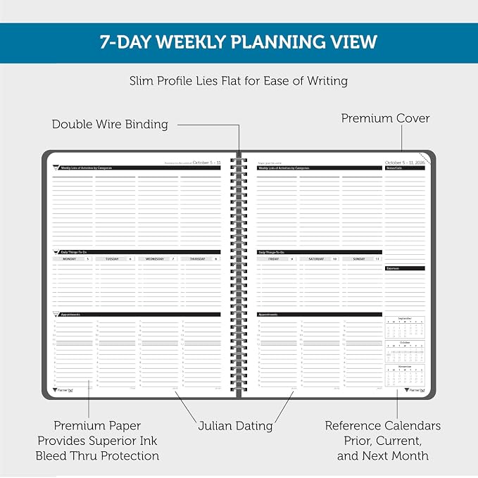 Planner Pad Spiral Bound 3-Tier Funnel Down 12 Month Organizer, October 2026 – September 2027, Black Cover/Black Ink, 8 1/2" x 11"