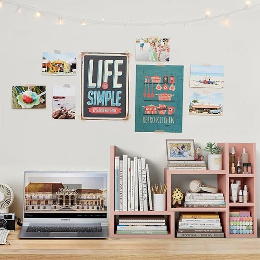 NUTIKAS Desk Shelves Desktop Organizer Shlef - Pink Office Organization for Top of Desk Organizers and Accessories Corner Bookshelf Table Top Shelving Small Hutch Decorations for Office