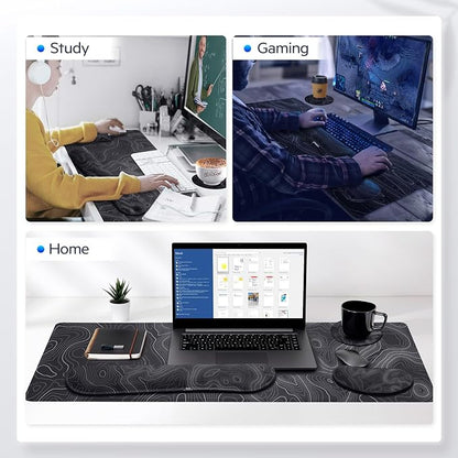Gimars 4 in 1 Mouse Pad and Keyboard Wrist Rest Set, Large Mouse Pad with Memory Foam Wrist Support Pad for Desk with Coaster, Easy Typing Pain Relief, Gaming Office Home 31.5x12 in, Topographic Map