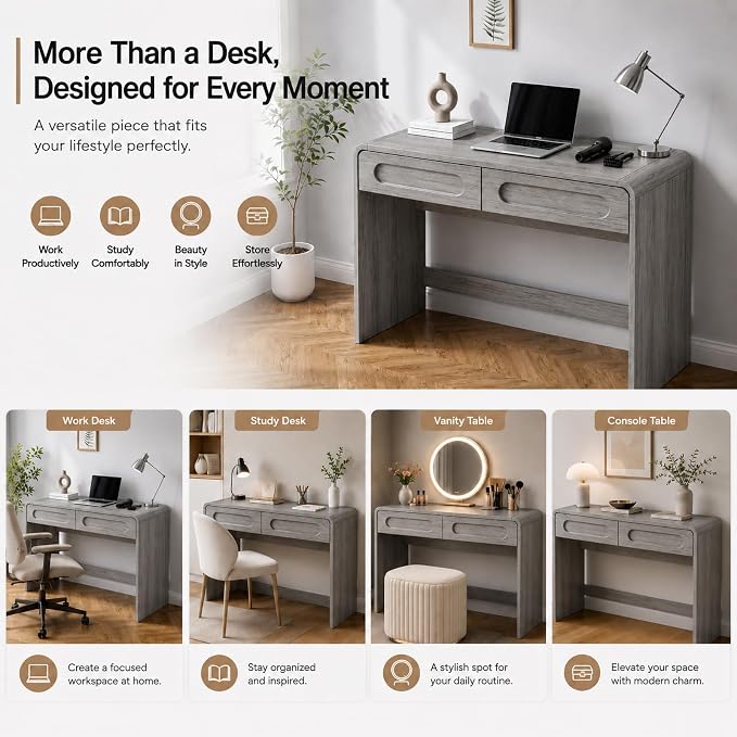 Writing Desk with 2 Drawers, Home Office Computer Desk for Small Spaces | Grey Study Desk for Bedroom, Compact Workstation Table, Vanity Desk for Apartment and Dorm Room
