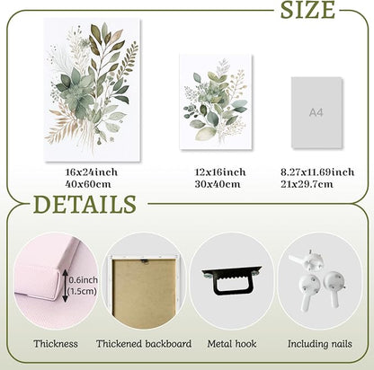 LLEEMPI Framed Sage Green Wall Art Set of 3, Modern Watercolor Botanical Wall Decor, Eucalyptus Leaf Canvas Painting, Classic Minimalist Florals Poster Print for Bedroom Bathroom Office 16x24 Inch