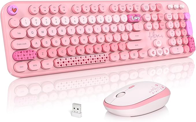 Atelus Wireless Keyboard and Mouse, Typewriter Full Size Keyboard with Number Pad and 2 in 1 USB Connected Mouse for Windows 7/8/10, Laptop, Desktop, PC, Computer (Pink Colorful)