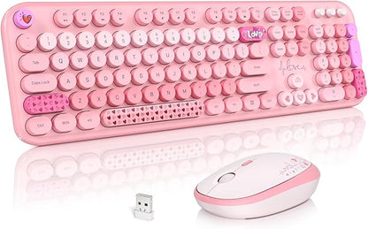 Atelus Wireless Keyboard and Mouse, Typewriter Full Size Keyboard with Number Pad and 2 in 1 USB Connected Mouse for Windows 7/8/10, Laptop, Desktop, PC, Computer (Pink Colorful)