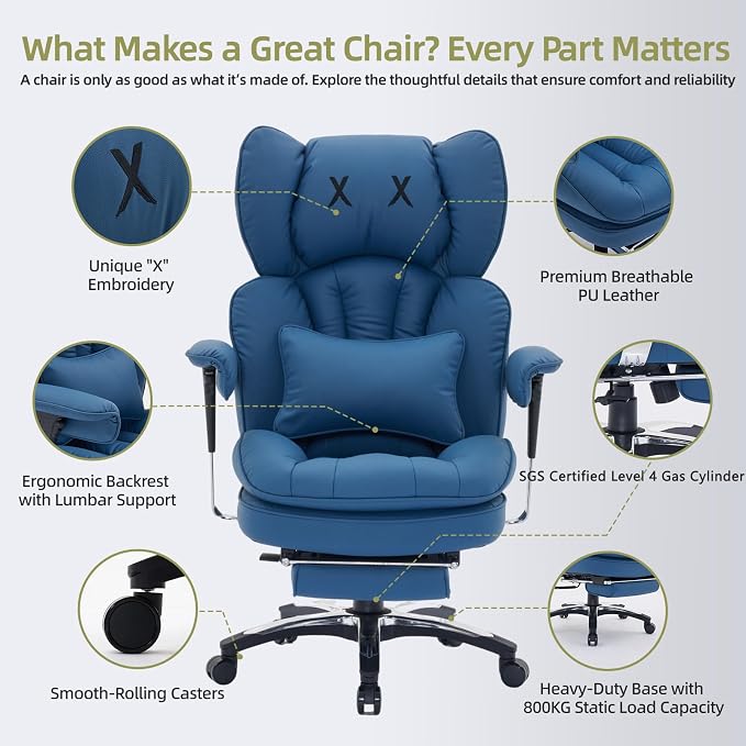 Efomao Big & Tall Desk Chair, Wide Executive Office Chair with Footrest Blue-LL