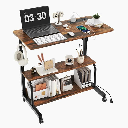 VINGLI 31.5" Mobile Small Standing Desk, Adjustable Height Mobile Computer Desk, w/2 AC Outlets + 3 USB Ports & Hooks, Storage Shelves, Suitable for Gaming, Studying, Home Office, Vintage Brown