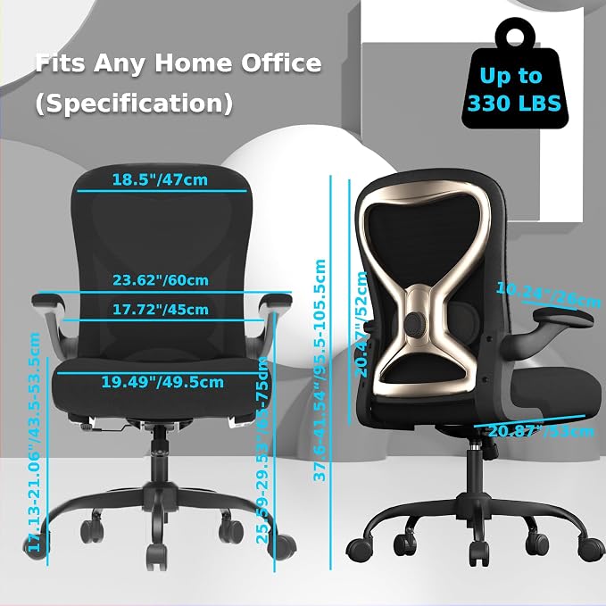 Office Desk Chair with Ergonomic Lumbar Support, Extra-Thick Seat Cushion, Flip-up Arms, Breathable Mesh Back, Computer Task Chair for Home Office